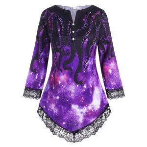 

V-notched Scalloped Lace Trim Octopus Print Plus Size Blouse, Purple