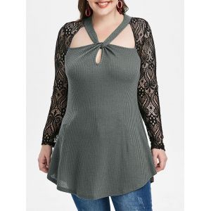 

Plus Size Paisley Lace Sleeve Twist Cut Out Knitwear, Gray