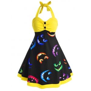 

Button Front Halter Printed Halloween Plus Size Dress, Yellow