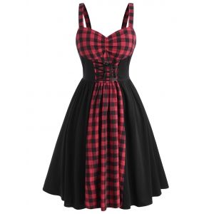 

Plus Size Plaid Panel Lace-up Bustier Dress, Red