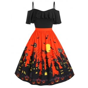 

Plus Size Cold Shoulder Halloween Castle Pumpkin Flounce Dress, Black