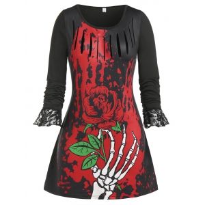 

Plus Size Flower Skeleton Ripped Lace Ruffle Cuff Tee, Black