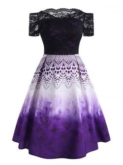 Plus Size Lace Bodice Printed Off The Shoulder Dress - BLACK - L
