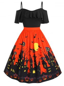 Plus Size Cold Shoulder Halloween Castle Pumpkin Flounce Dress - BLACK - 1X