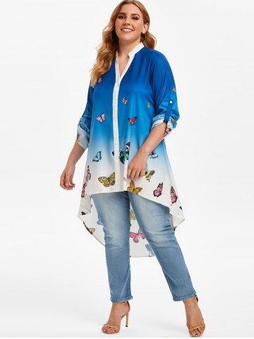 Plus Size Roll Up Sleeve Ombre Color Butterfly Print Blouse