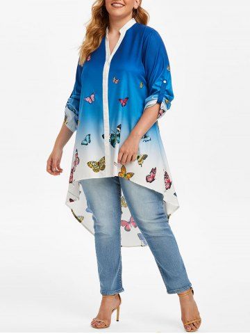 Plus Size Roll Up Sleeve Ombre Color Butterfly Print Blouse - BLUE - 3X