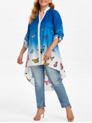 Plus Size Roll Up Sleeve Ombre Color Butterfly Print Blouse -  