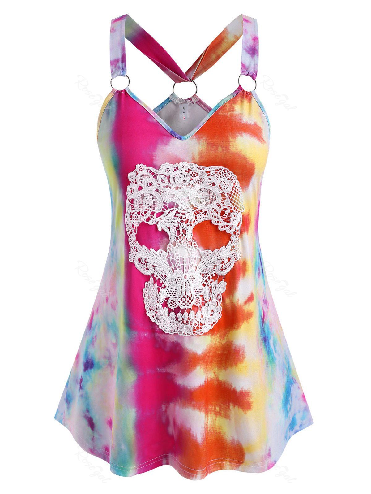 

Plus Size Tie Dye O Ring Skull Lace Tank Top, Light pink