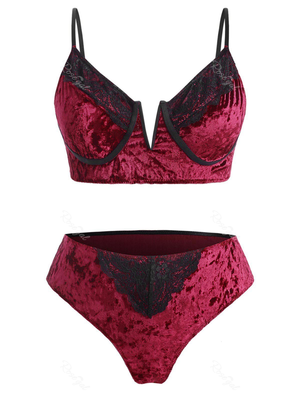 Plus Size Velvet Lace Insert V Wired Bra Set [25 Off] Rosegal