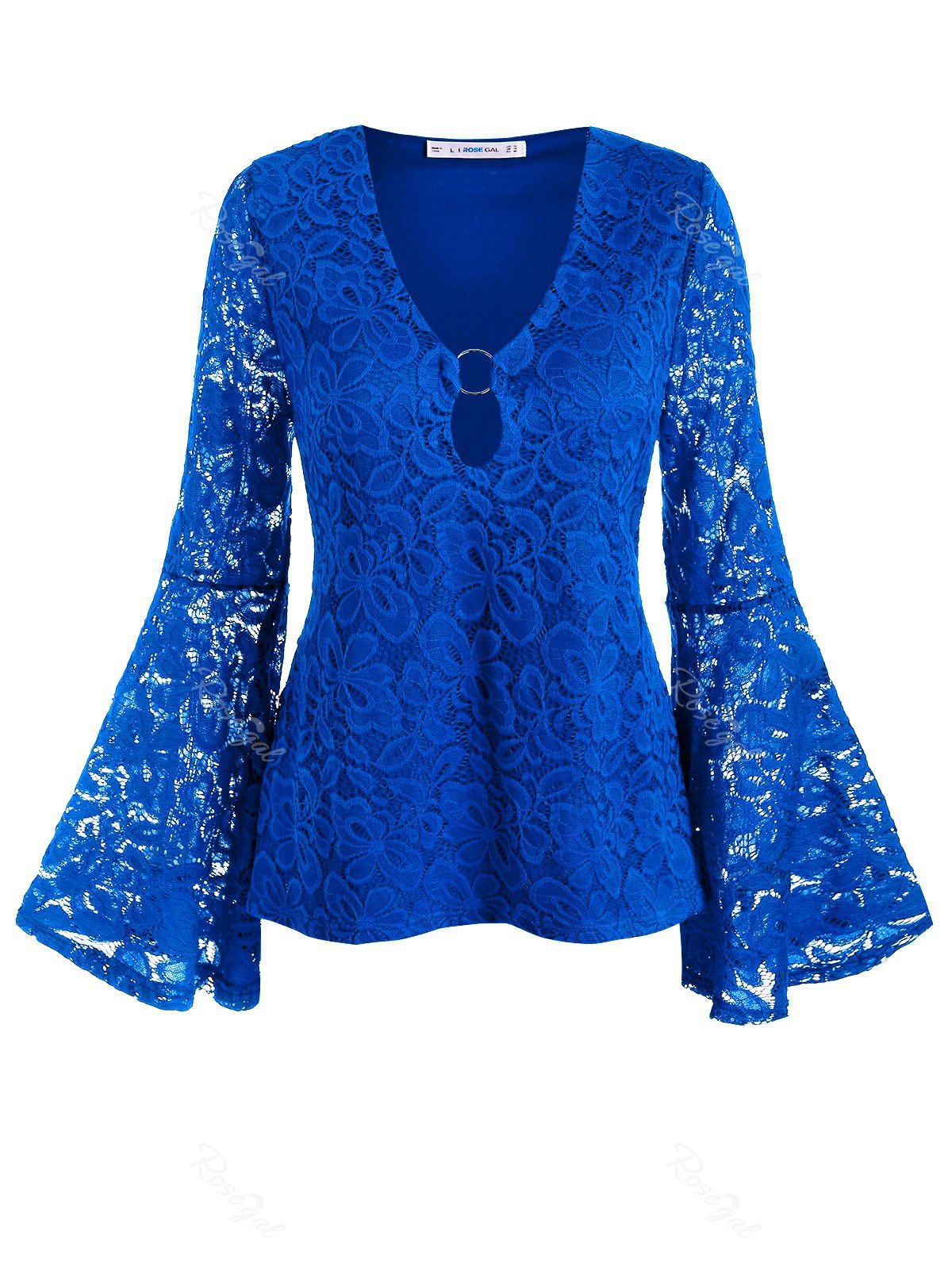 

Plus Size Bell Sleeve O Ring Lace Blouse, Blue