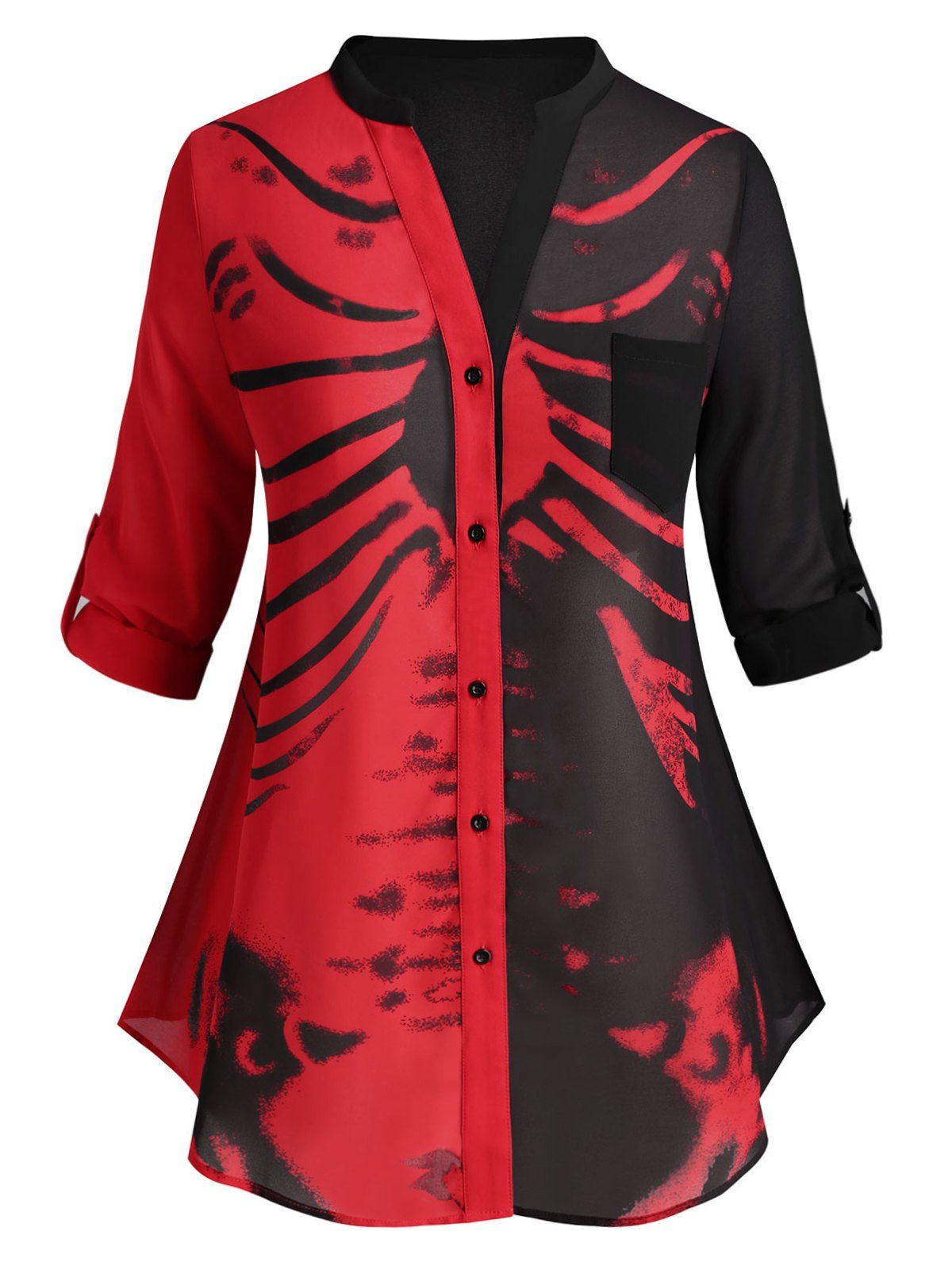 

Button Up Skeleton Print Chiffon Halloween Plus Size Shirt, Red