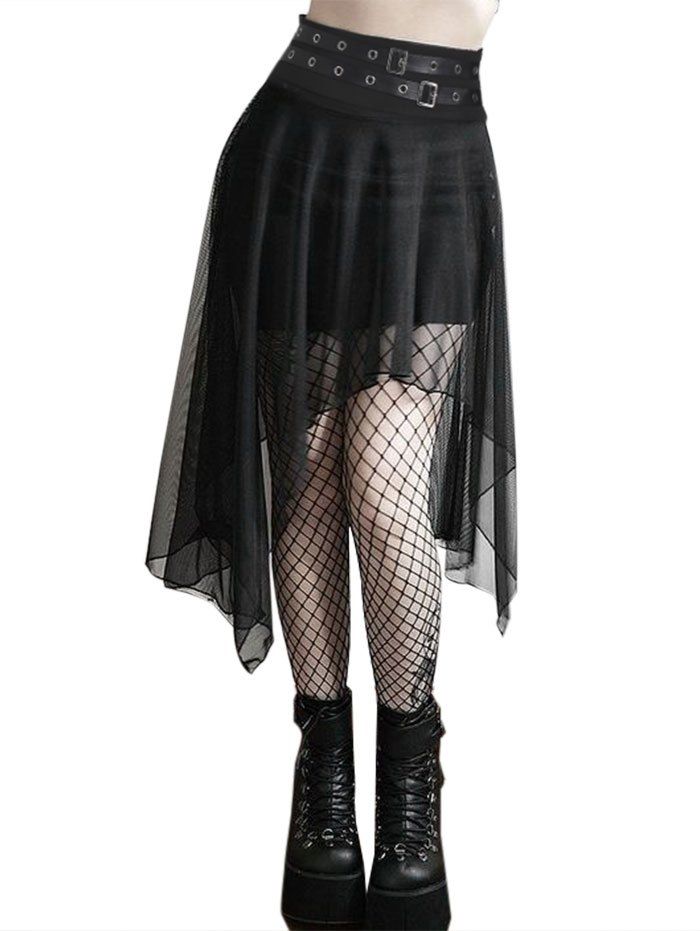 

Asymmetrical Grommet Strap Chiffon Gothic Skirt, Black