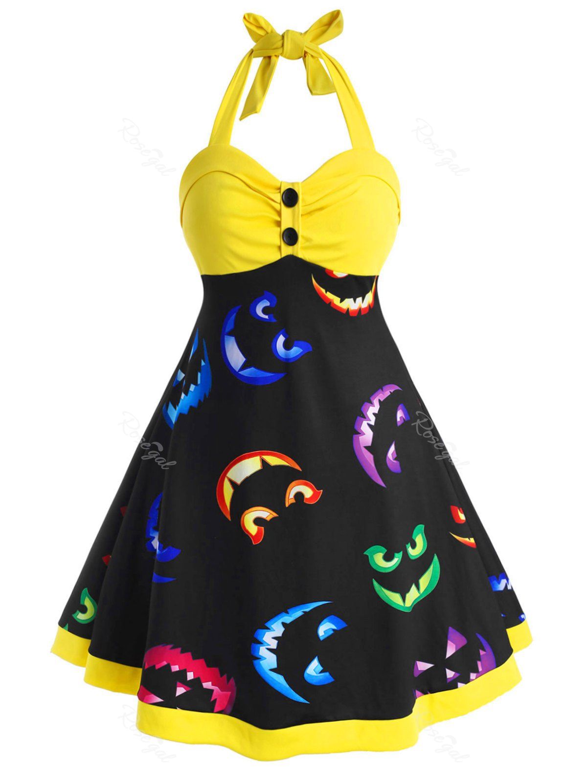 

Button Front Halter Printed Halloween Plus Size Dress, Yellow