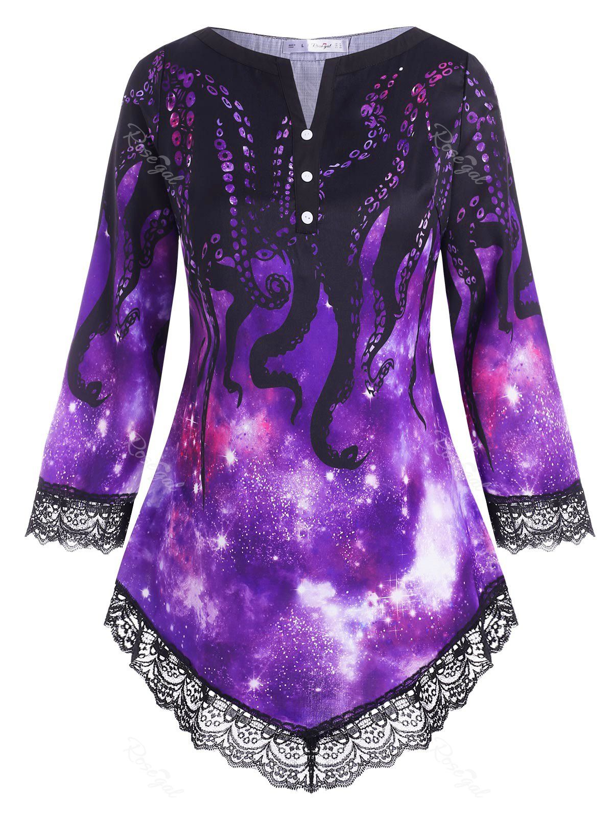 

V-notched Scalloped Lace Trim Octopus Print Plus Size Blouse, Purple