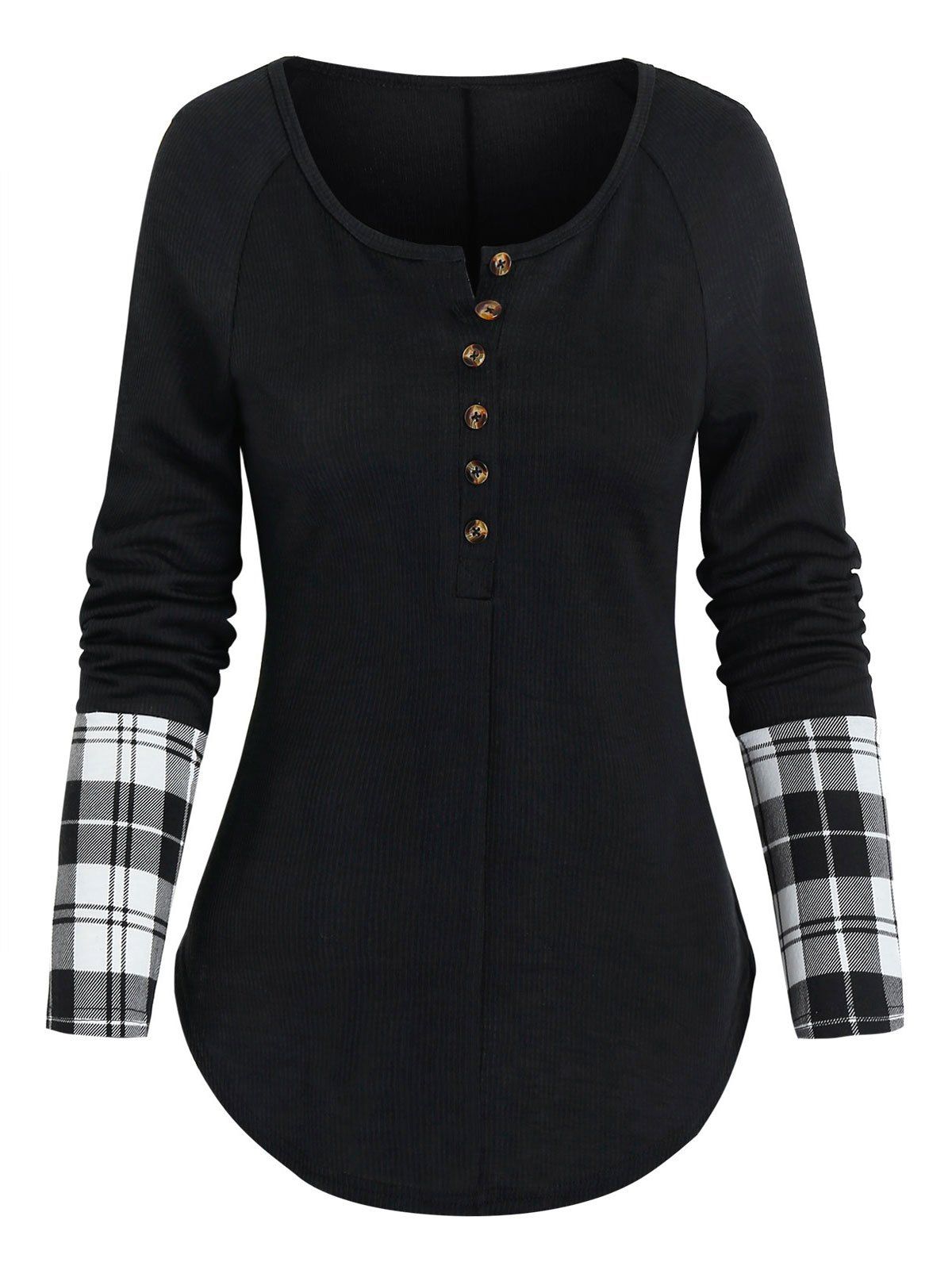 

Half Button Plaid Print Ribbed T-shirt, Black