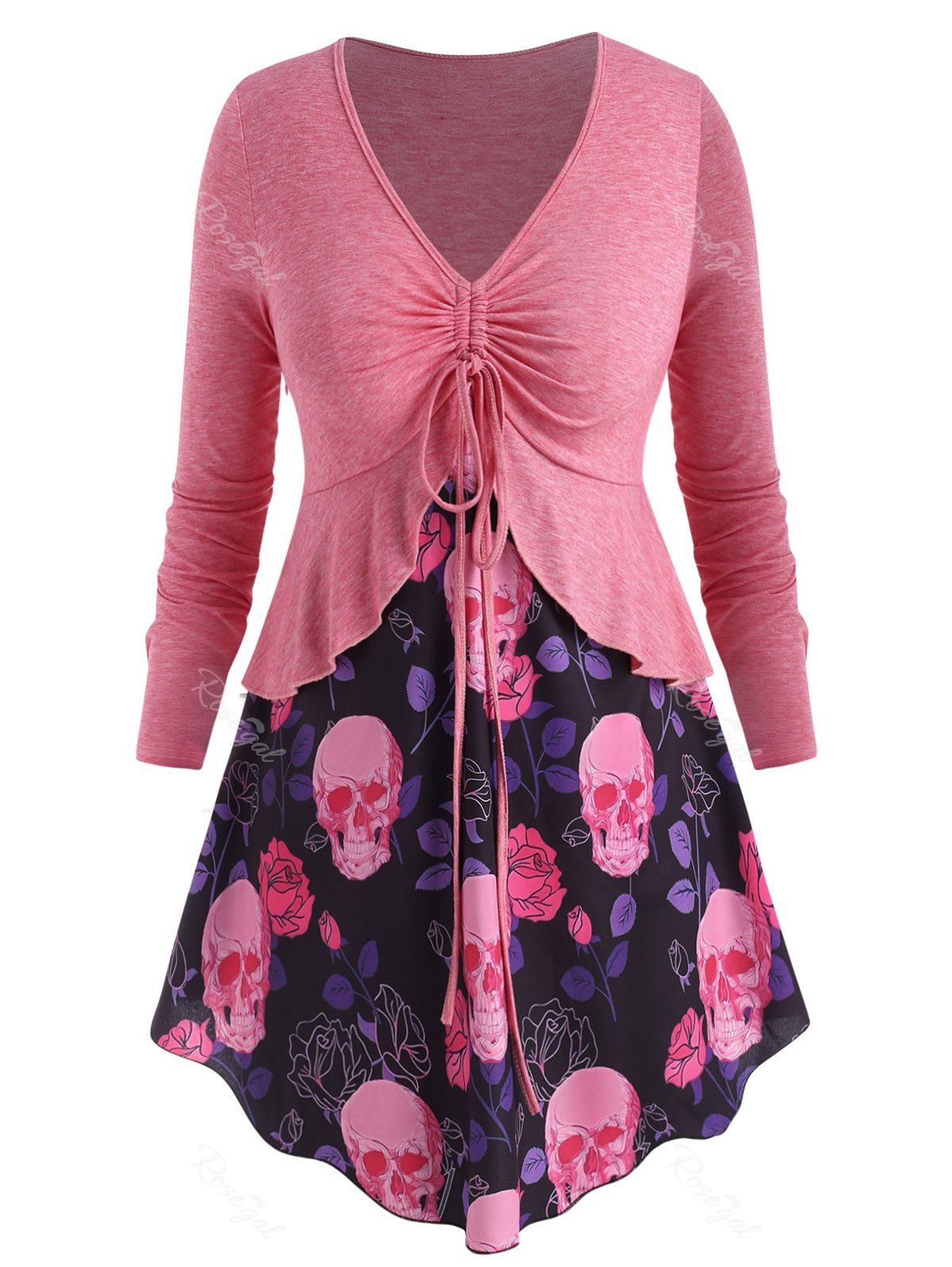 

Plus Size Halloween Flounce Skull Floral Print Cinched Tee, Light pink