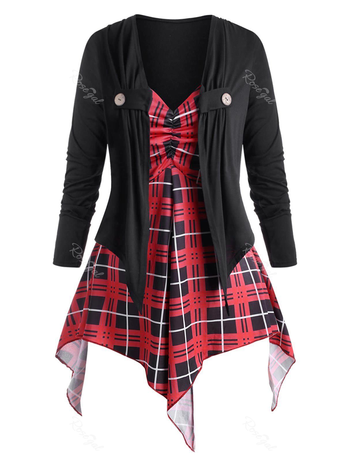 

Plus Size Button Tab Top and Plaid Handkerchief Cami Top Twinset, Black
