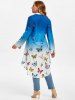 Plus Size Roll Up Sleeve Ombre Color Butterfly Print Blouse -  
