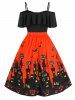 Plus Size Cold Shoulder Halloween Castle Pumpkin Flounce Dress -  