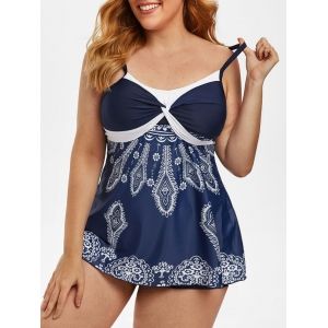 

Plus Size Tribal Print Twist Tankini Swimwear, Deep blue