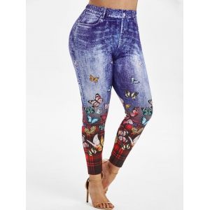 

High Waisted Plaid Butterfly 3D Print Plus Size Jeggings, Blue