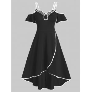 

Cold Shoulder Sequin Insert Overlap Flare Dress, Black