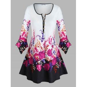 

Plus Size Flower Loop Button Ruffle Cuff Tunic Tee, Light pink