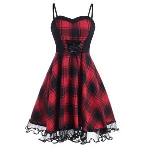 

Plaid Lace-up Lace Panel Cami Dress, Deep red