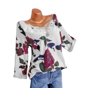 

Plus Size Lace Crochet Floral Print Blouse, White