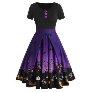 

Buttons Halloween Bat Pumpkin Castle Print Dress, Black