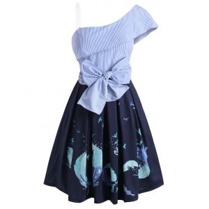 

One Shoulder Striped Feather Print Waist Tie Flounce Dress, Deep blue