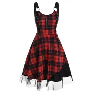 

Plaid Lace-up O Ring Tulle Panel Sleeveless Dress, Red