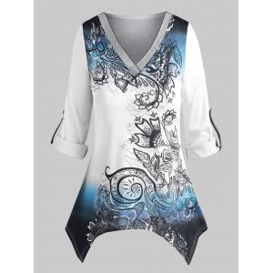 

Plus Size Asymmetric Ombre Color Printed T Shirt, Blue