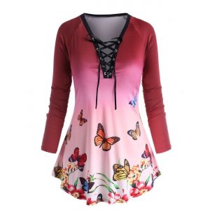 

Plus Size Butterfly Print Lace Up T Shirt, Deep red