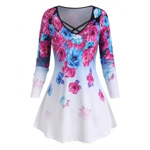

Plus Size Floral Print Crisscross T Shirt, Light blue