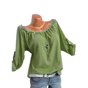 

Plus Size Flower Trim Roll Up Sleeve Top, Green