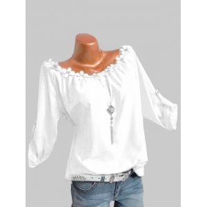 

Plus Size Flower Trim Roll Up Sleeve Top, White