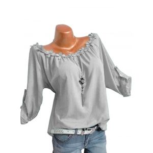 

Plus Size Flower Trim Roll Up Sleeve Top, Dark gray