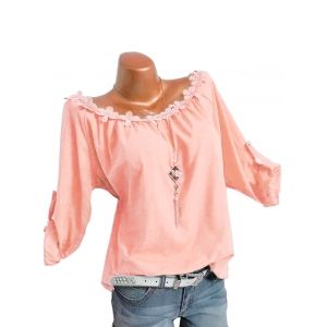 

Plus Size Flower Trim Roll Up Sleeve Top, Light orange