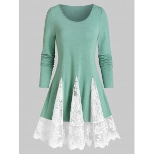 

Long Sleeve Sheer Lace Panel Casual T Shirt, Sea green