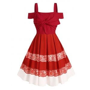 

Cold Shoulder Twist Front Acanthus Print Pleated Dress, Red