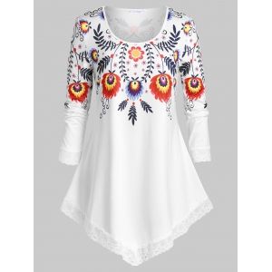 

Plus Size Lace Trim Floral Print T Shirt, White