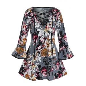 

Plus Size Flower Print Lace-up Flare Sleeve Top, Battleship gray