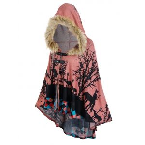 

Forest Cat Print Hooded High Low Cape, Light pink