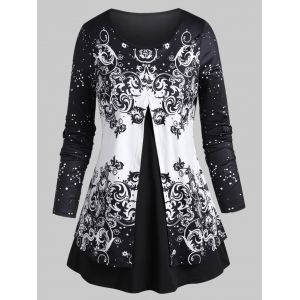 

Plus Size Scroll Print Front Split T Shirt, Black