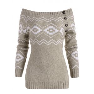 

Button Side Off Shoulder Zig Zag Geometric Sweater, Light coffee