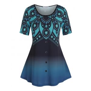 

Pus Size Ombre Rhinestone Print Buttoned Tunic Tee, Deep blue