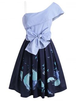 One Shoulder Striped Feather Print Waist Tie Flounce Dress - DEEP BLUE - XL