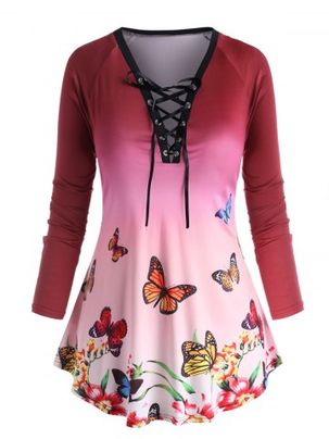 Plus Size Butterfly Print Lace Up T Shirt