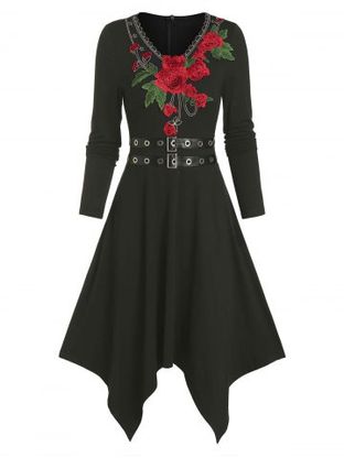 Floral Embroidery Buckle Belted Asymmetrical Dress